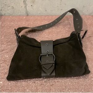 Donald Pliner Dark Brown Suede Leather Hobo Shoulder Bag Purse Buckle Vintage